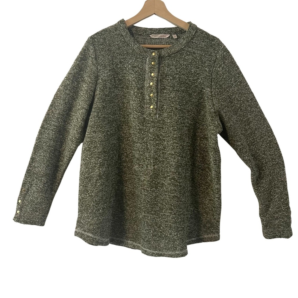 Soft Surroundings Womens Henley Top Olive Green Marled Knit Snap‎ Button L